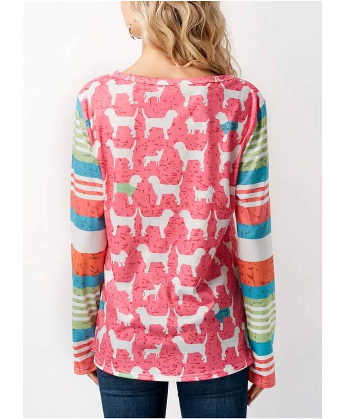 Long Sleeve Dog Print Pink T Shirt